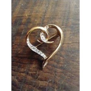 Vintage Heart Brooch/Pendant Clear Rhinestones on Gold tone setting D4